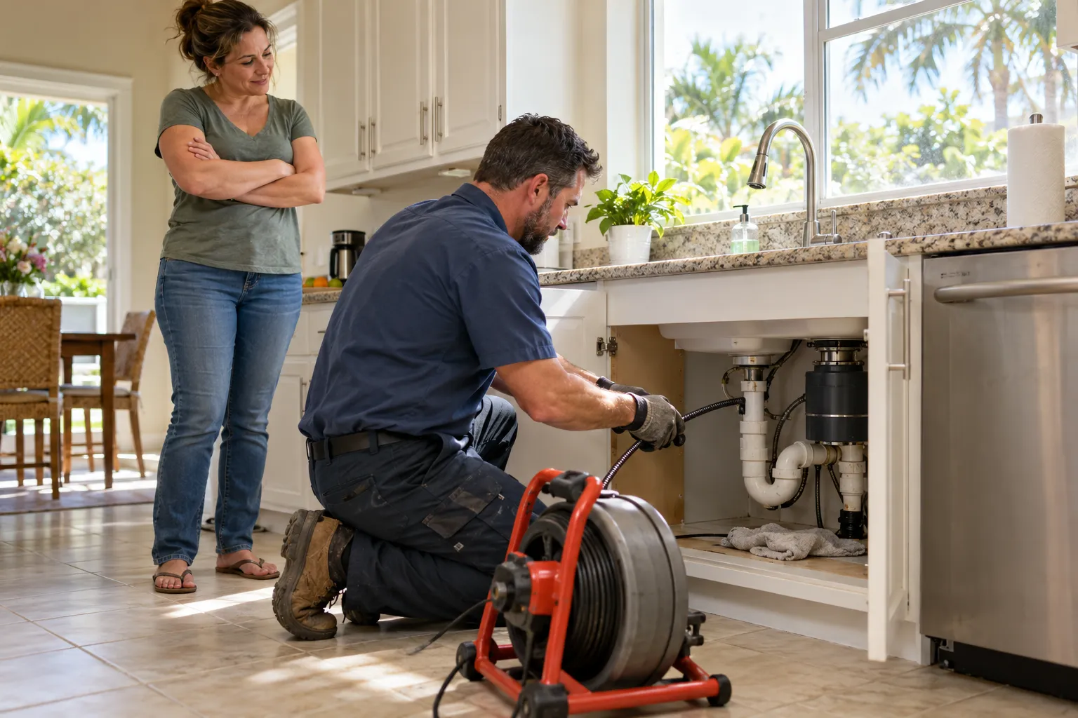 A friendly local provider clearing a kitchen drain in a Tarpon Springs home