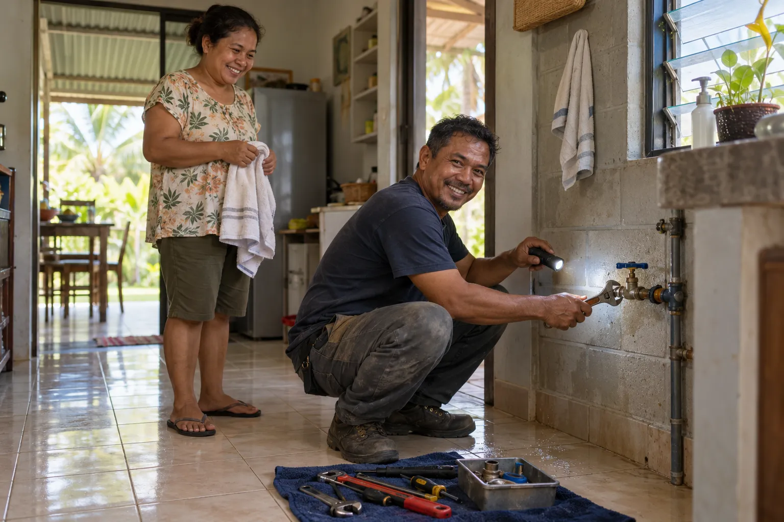 A friendly local plumber kneeling beside a shut-off valve in a Tarpon Springs home while a calm homeowner looks on